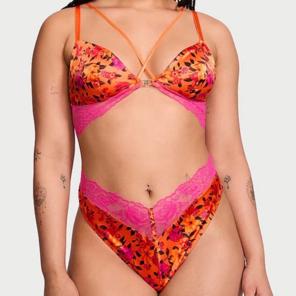 NWT VS Victoria's Secret Floral Orange and Pink NWT one piece Teddy size small